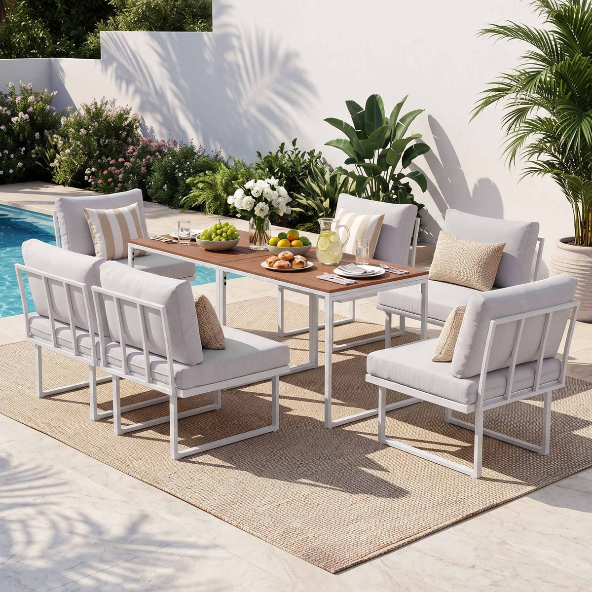 6 Seater Outdoor Dining Sofa Set with Steel Frame and Cushions - White