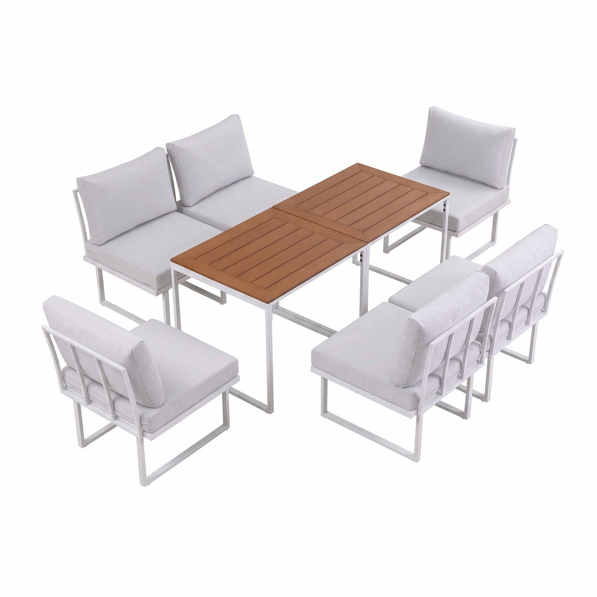 6 Seater Outdoor Dining Sofa Set with Steel Frame and Cushions - White