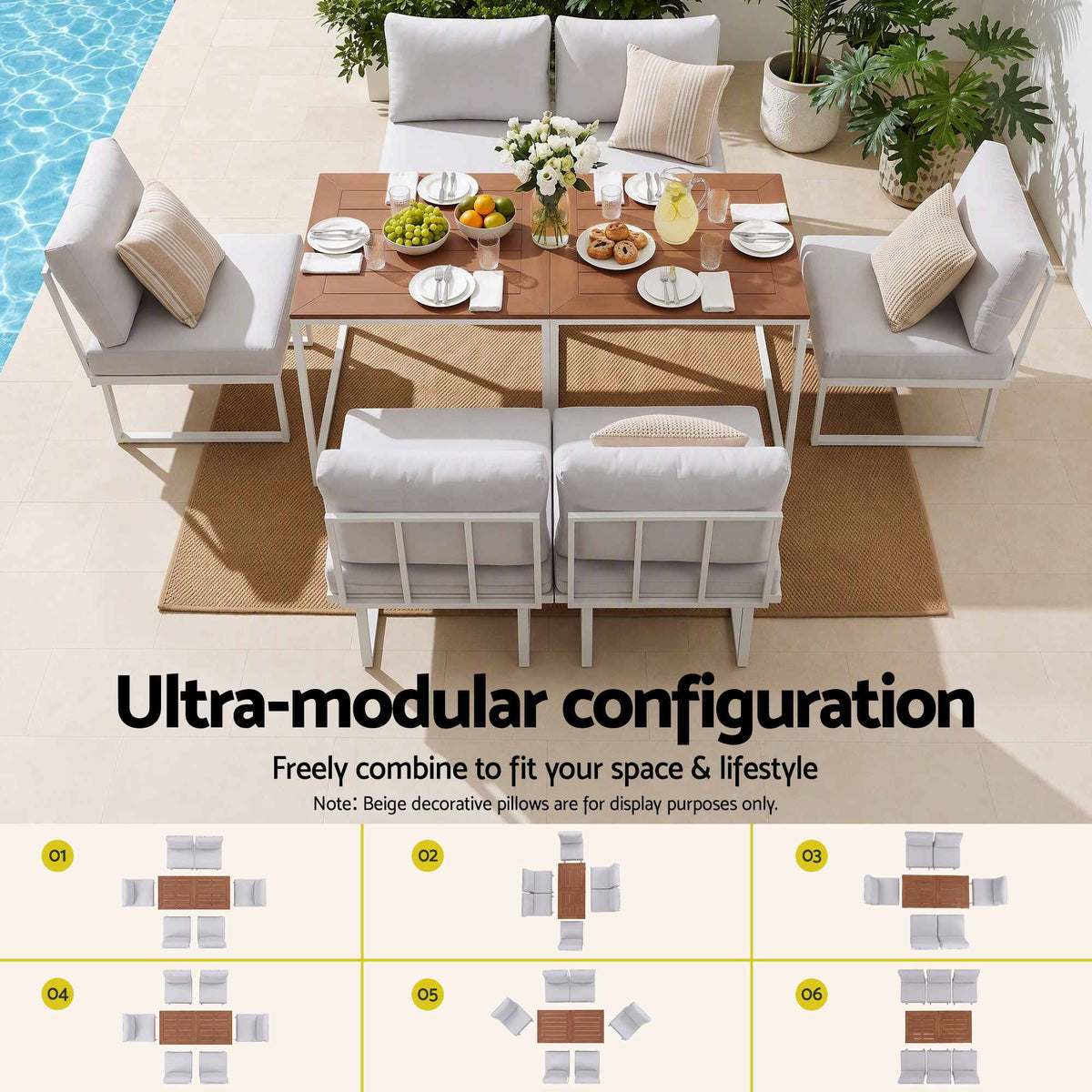 6 Seater Outdoor Dining Sofa Set with Steel Frame and Cushions - White