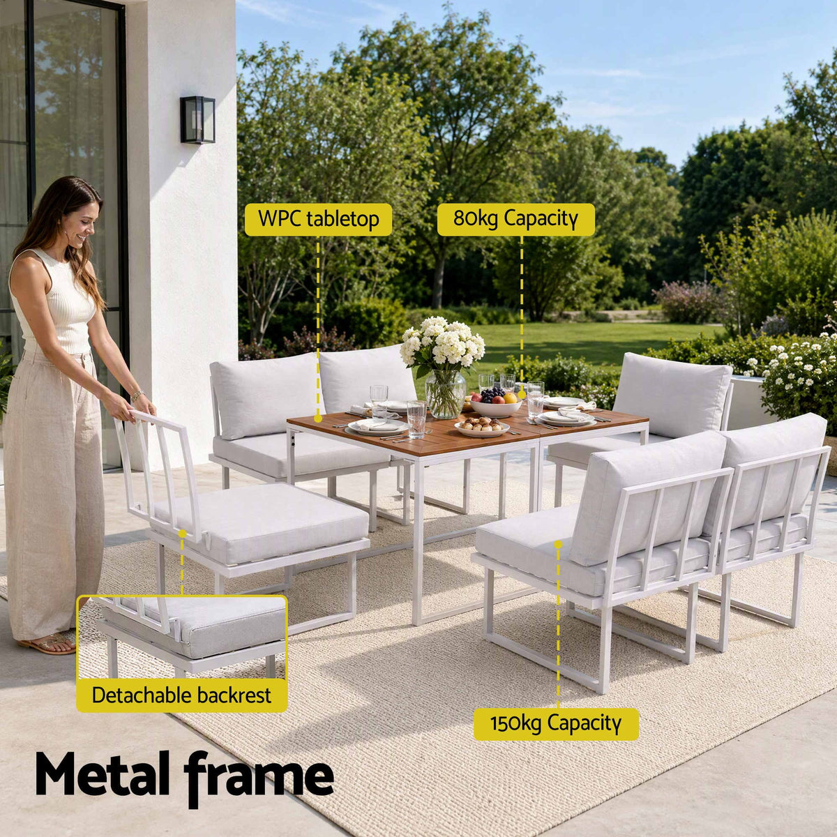 6 Seater Outdoor Dining Sofa Set with Steel Frame and Cushions - White