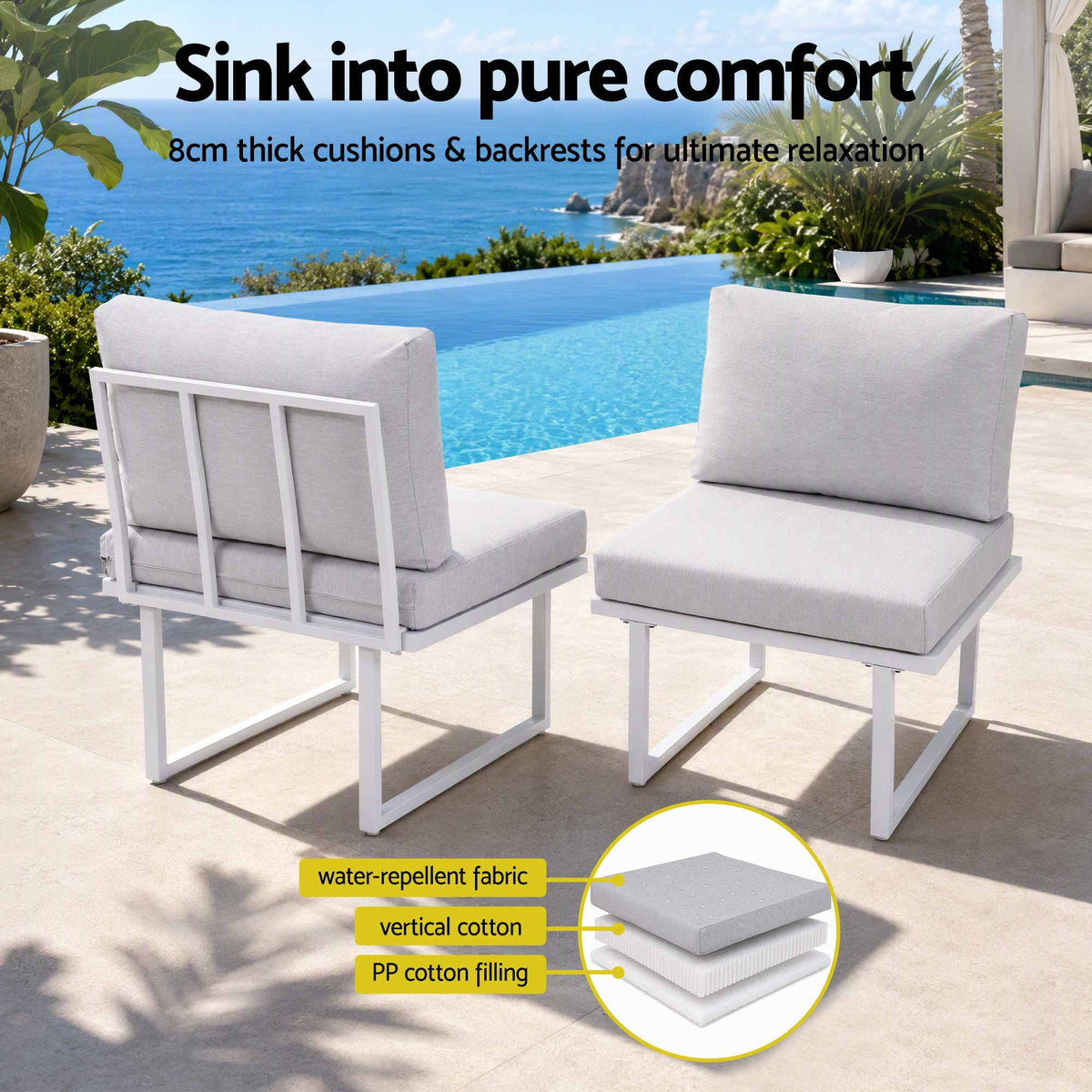 6 Seater Outdoor Dining Sofa Set with Steel Frame and Cushions - White