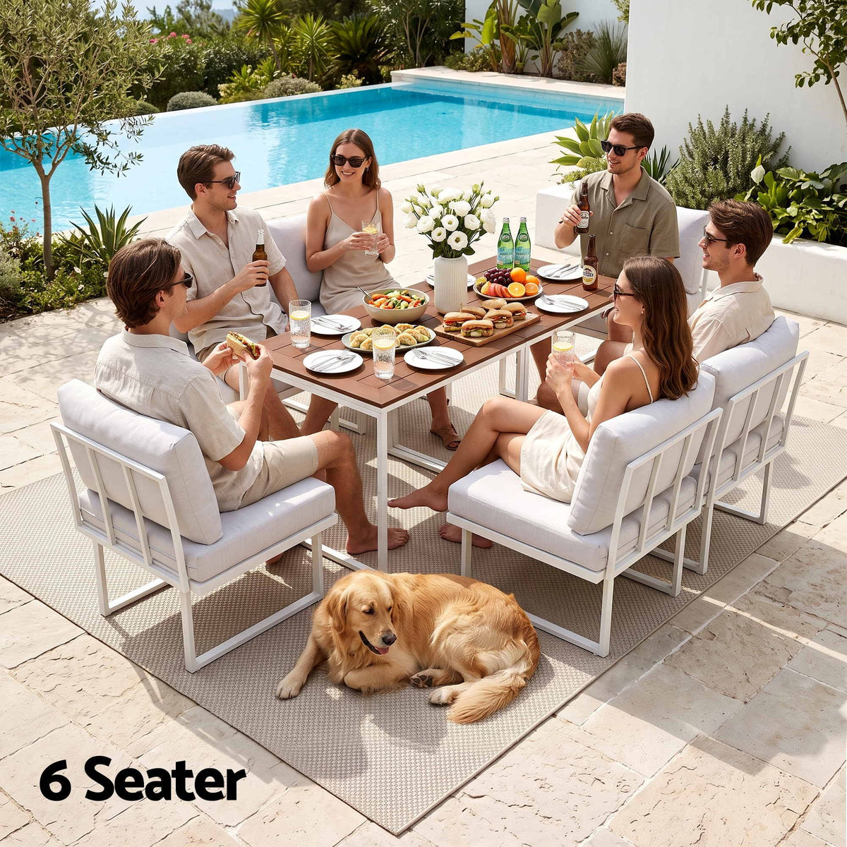 6 Seater Outdoor Dining Sofa Set with Steel Frame and Cushions - White