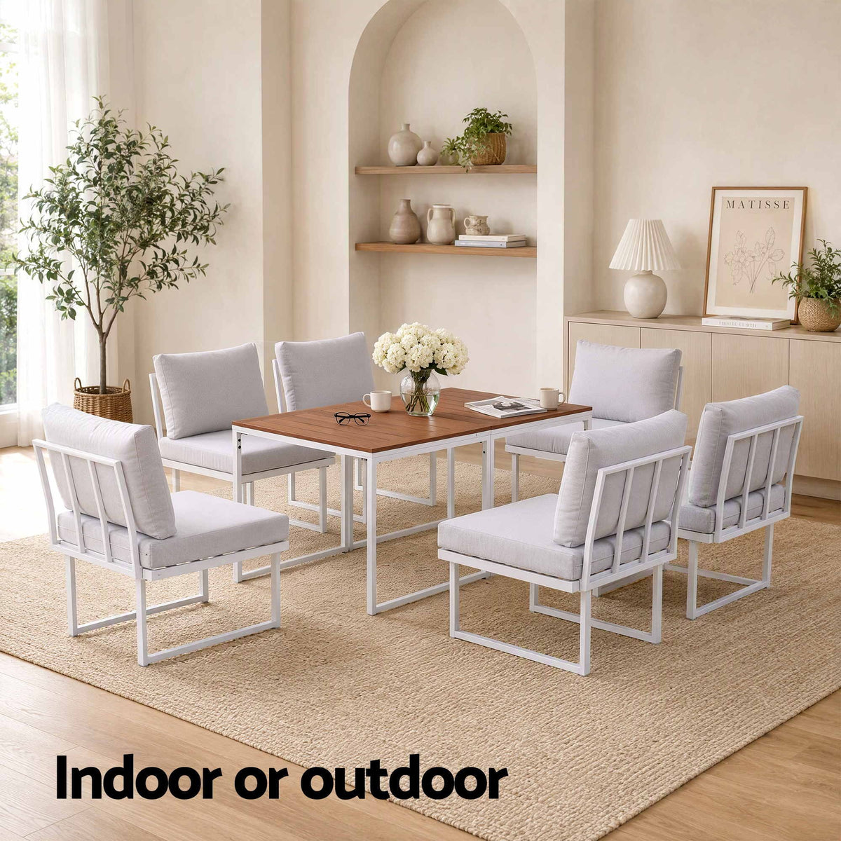 6 Seater Outdoor Dining Sofa Set with Steel Frame and Cushions - White