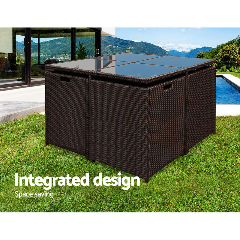 9 Piece Wicker Outdoor Dining Set - Brown