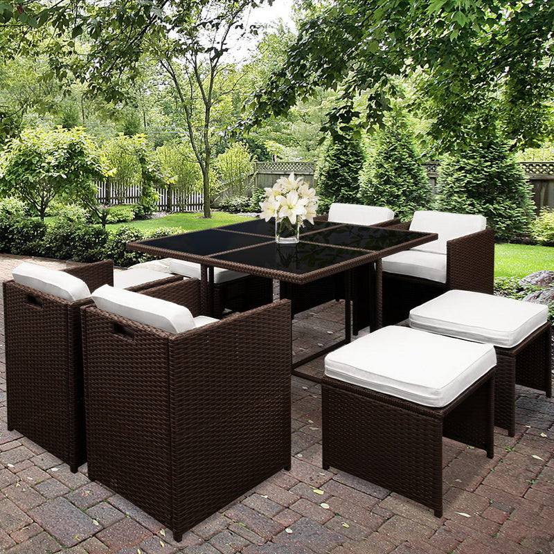 9 Piece Wicker Outdoor Dining Set - Brown