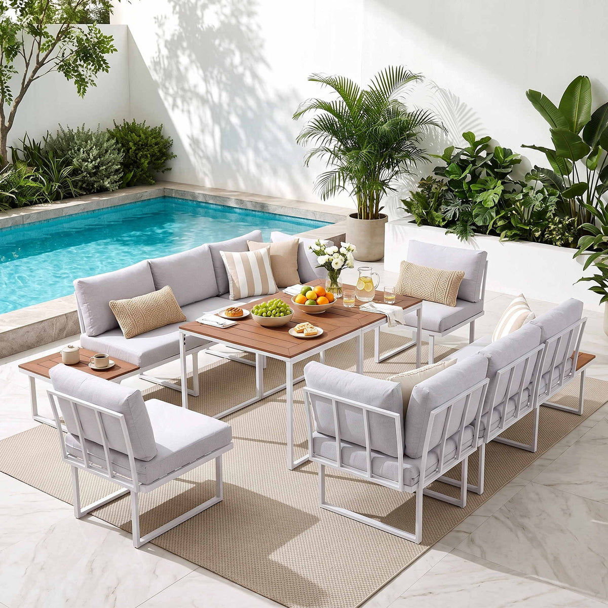 8 Seater Outdoor Dining Sofa Set with WPC Side Tables - White