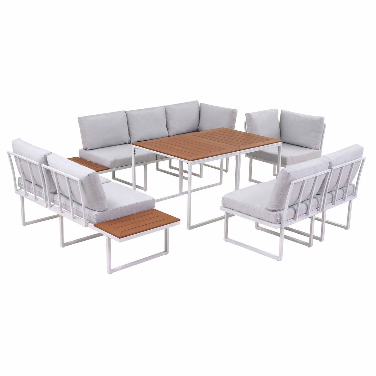 8 Seater Outdoor Dining Sofa Set with WPC Side Tables - White