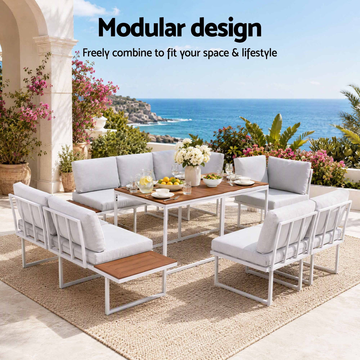 8 Seater Outdoor Dining Sofa Set with WPC Side Tables - White