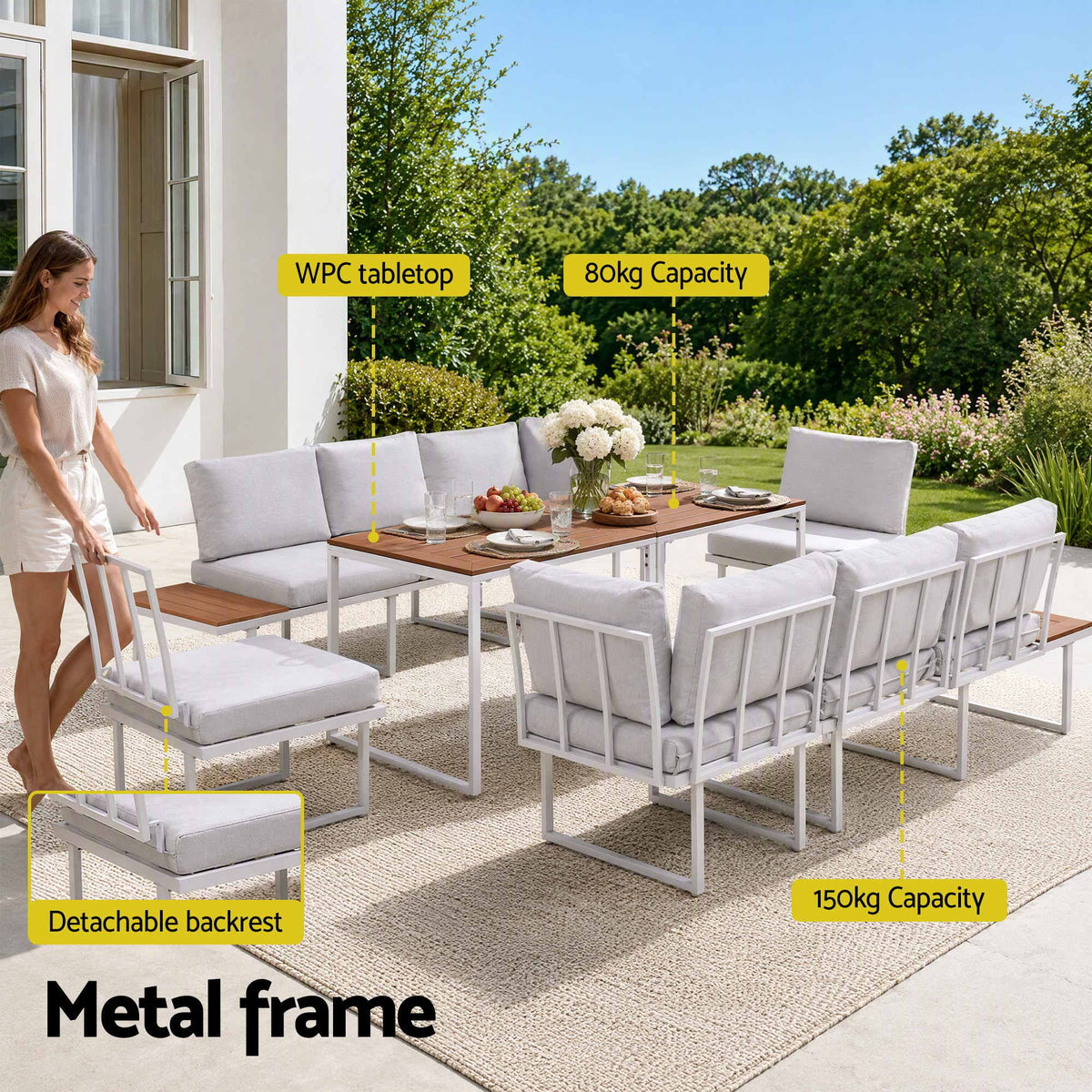 8 Seater Outdoor Dining Sofa Set with WPC Side Tables - White