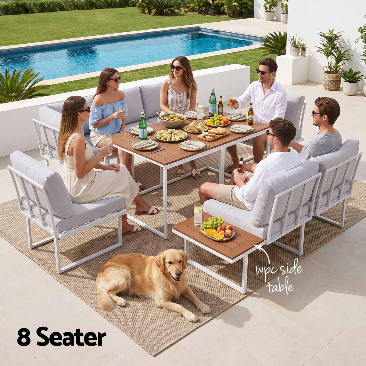 8 Seater Outdoor Dining Sofa Set with WPC Side Tables - White