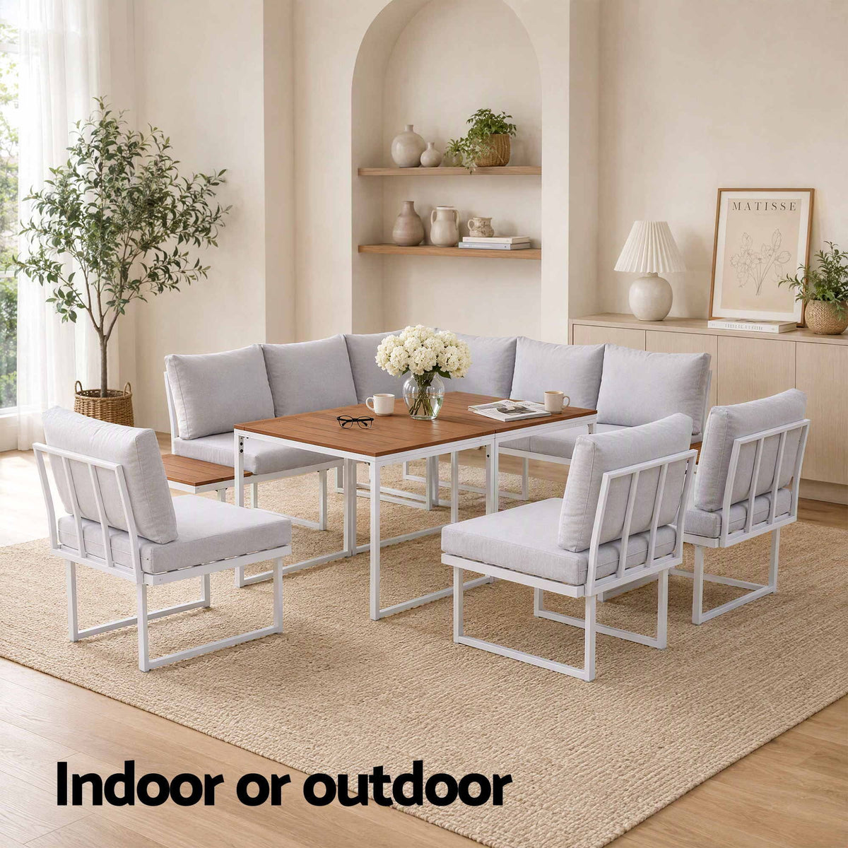 8 Seater Outdoor Dining Sofa Set with WPC Side Tables - White