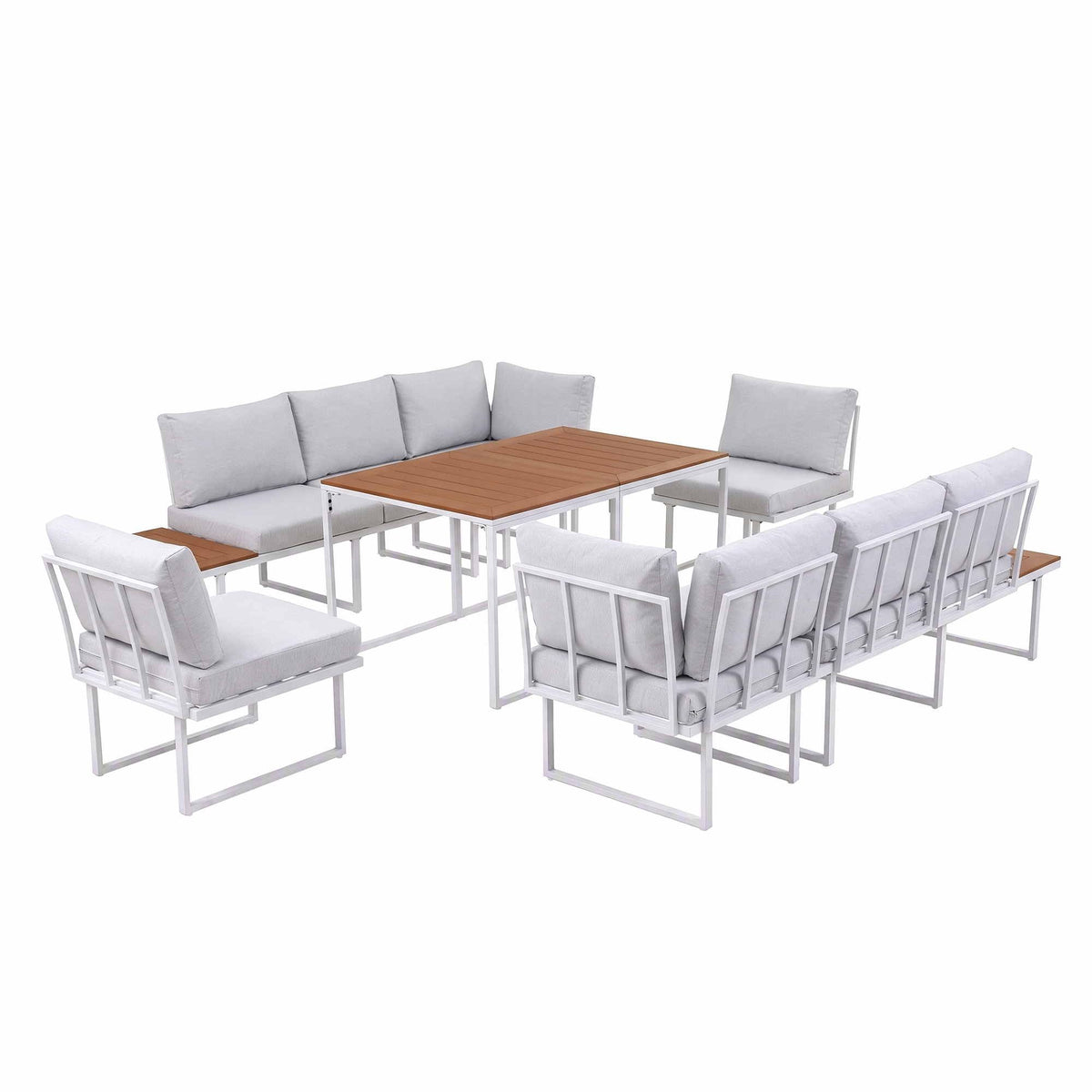 8 Seater Outdoor Dining Sofa Set with WPC Side Tables - White