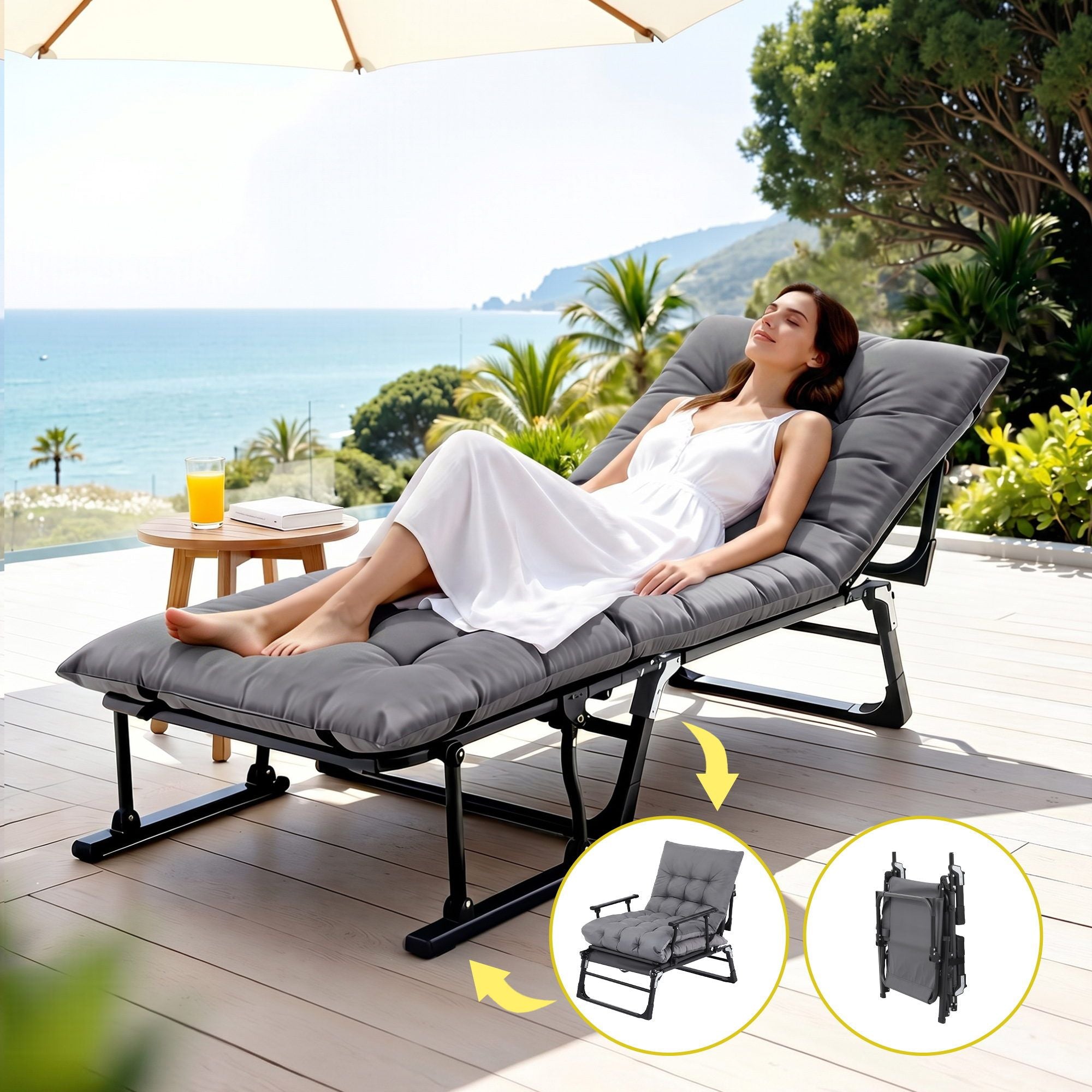 3-in-1 Folding Sun Lounger Camping Chair Adjustable Recliner for Patio, Office Nap, Poolside - Grey