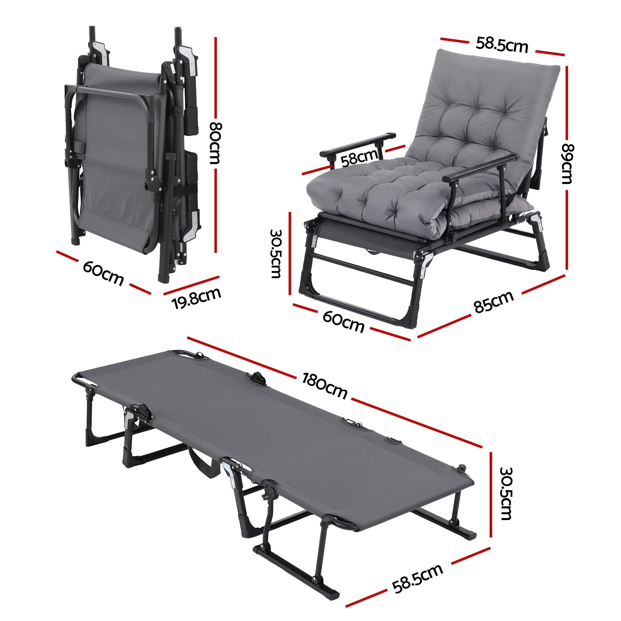 3-in-1 Folding Sun Lounger Camping Chair Adjustable Recliner for Patio, Office Nap, Poolside - Grey