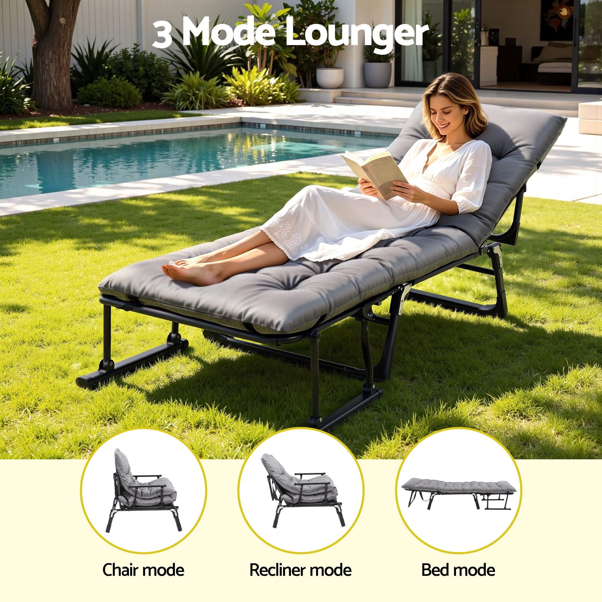 3-in-1 Folding Sun Lounger Camping Chair Adjustable Recliner for Patio, Office Nap, Poolside - Grey