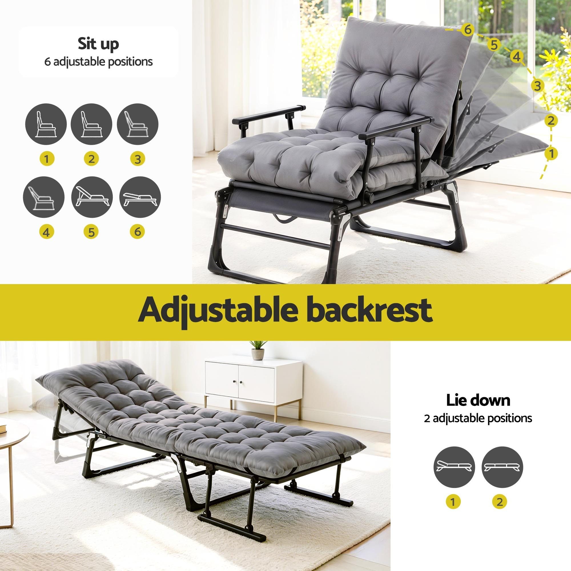 3-in-1 Folding Sun Lounger Camping Chair Adjustable Recliner for Patio, Office Nap, Poolside - Grey