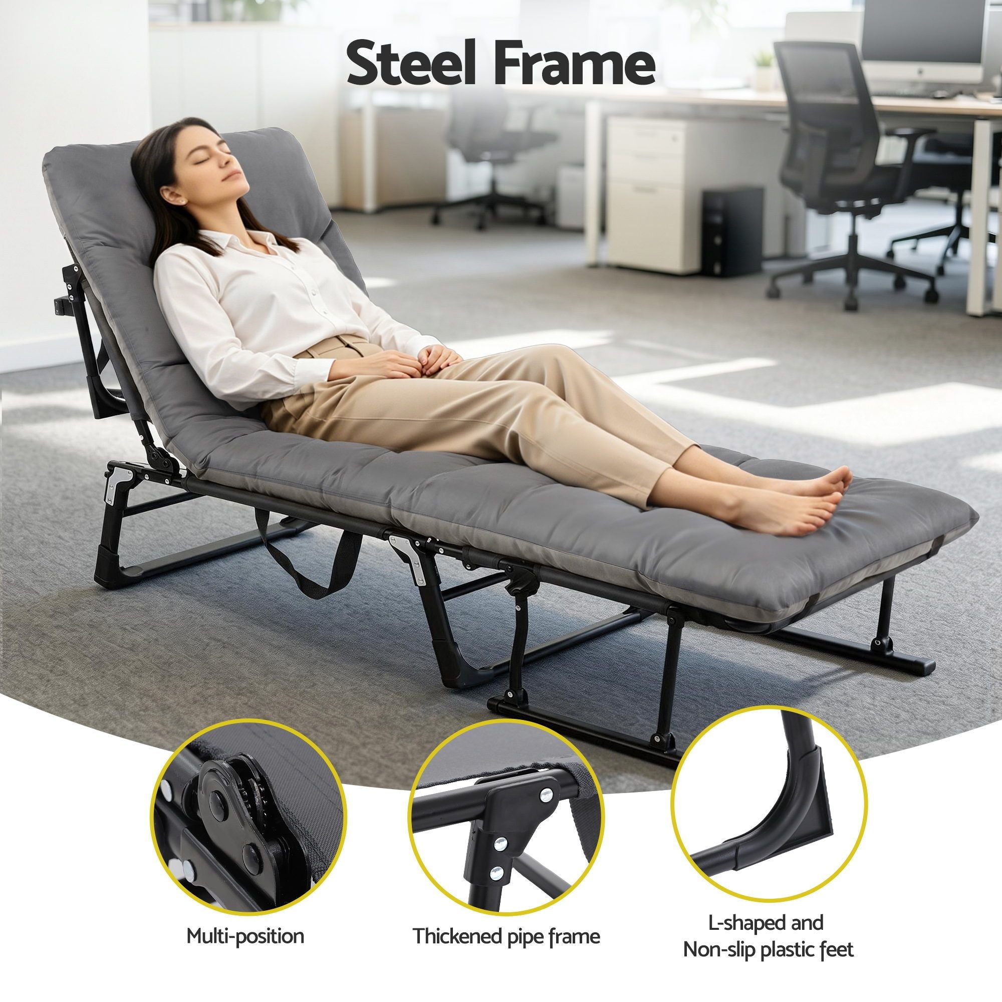 3-in-1 Folding Sun Lounger Camping Chair Adjustable Recliner for Patio, Office Nap, Poolside - Grey