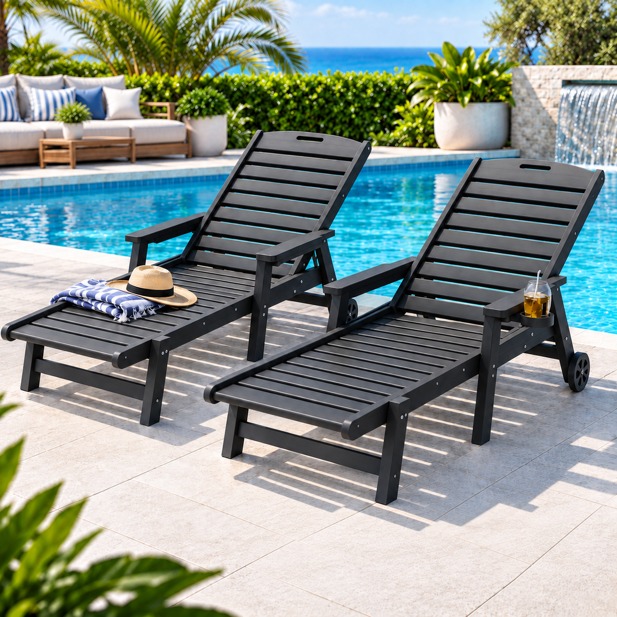 2PCS Sun Lounge Lounger Beach Chairs with Wheels - Black