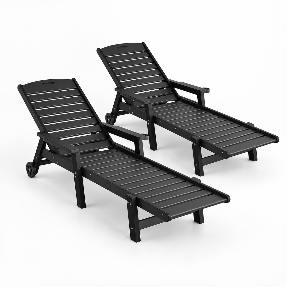 2PCS Sun Lounge Lounger Beach Chairs with Wheels - Black