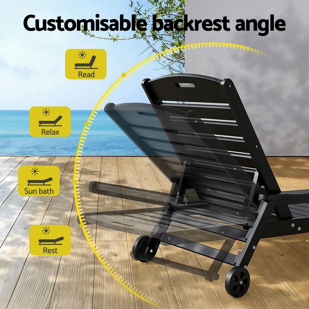 2PCS Sun Lounge Lounger Beach Chairs with Wheels - Black
