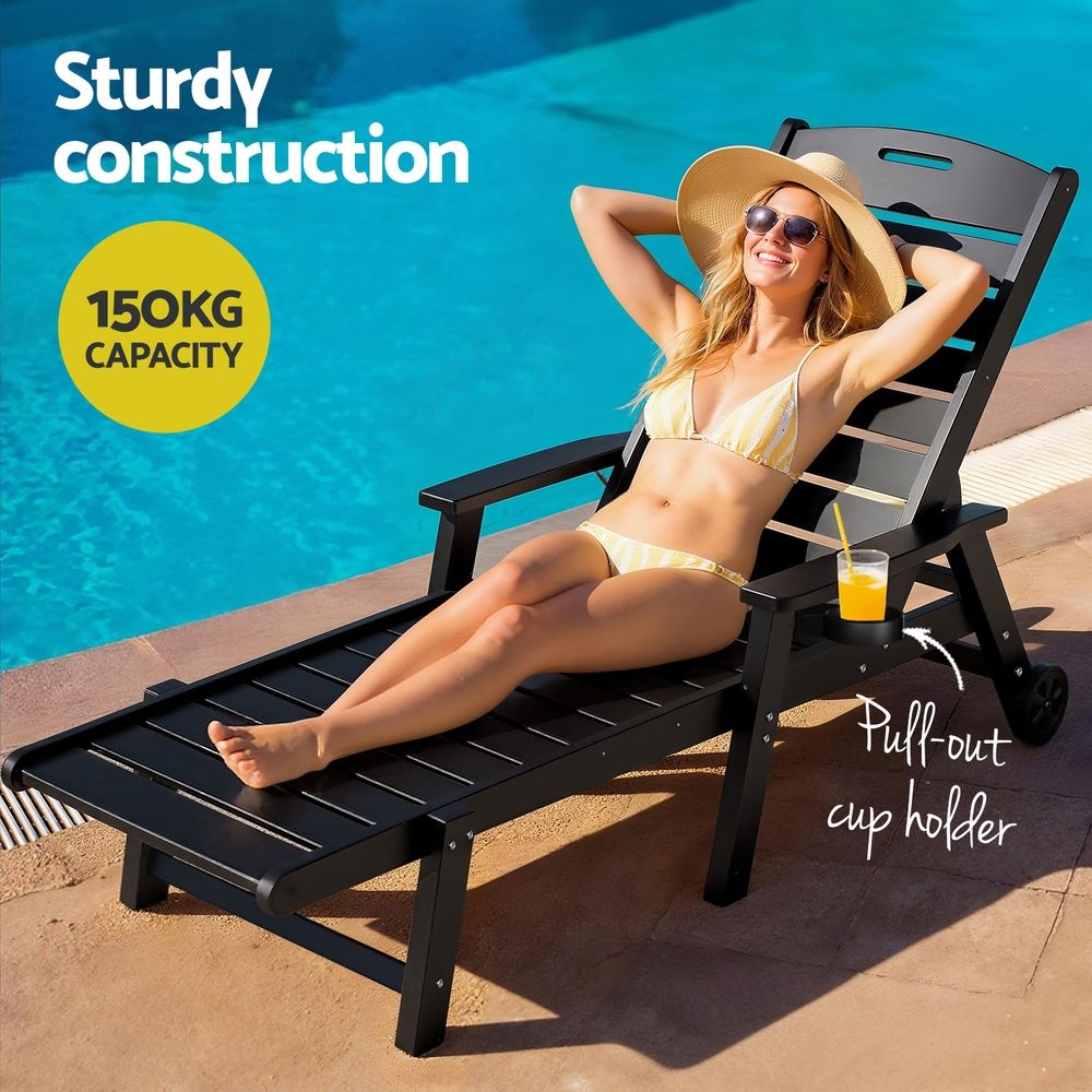 2PCS Sun Lounge Lounger Beach Chairs with Wheels - Black