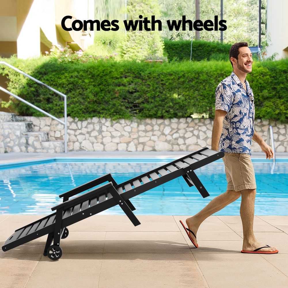 2PCS Sun Lounge Lounger Beach Chairs with Wheels - Black