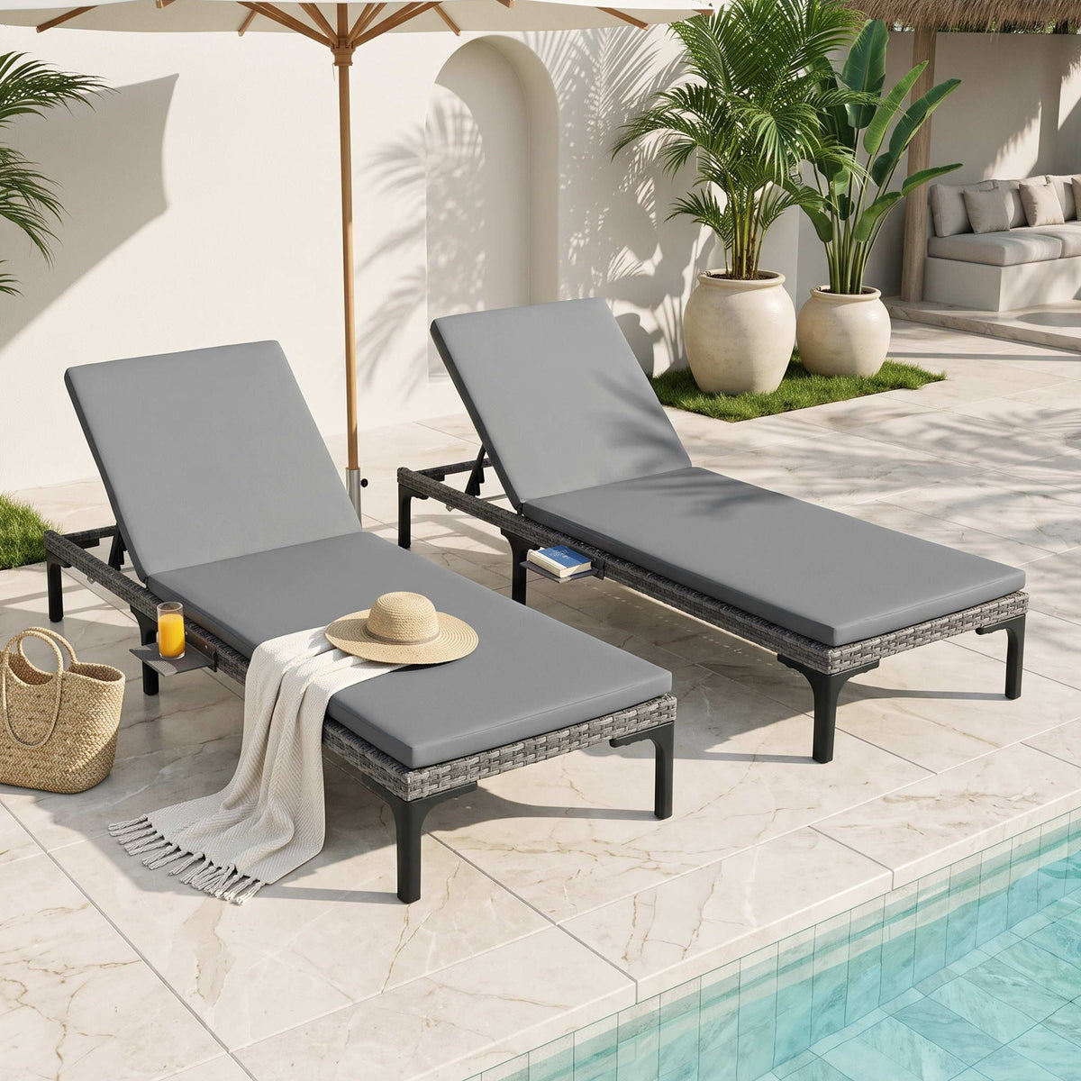2PC PE Rattan Sun Lounger Set with Cushions, Cup Holders & Rain Cover - Grey