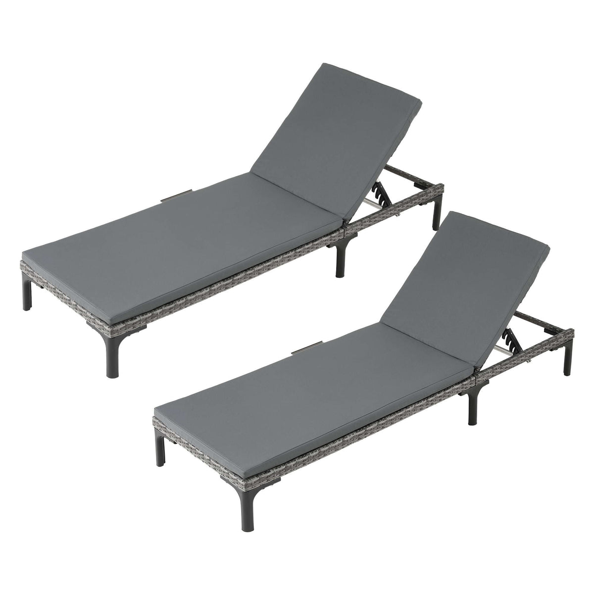 2PC PE Rattan Sun Lounger Set with Cushions, Cup Holders & Rain Cover - Grey