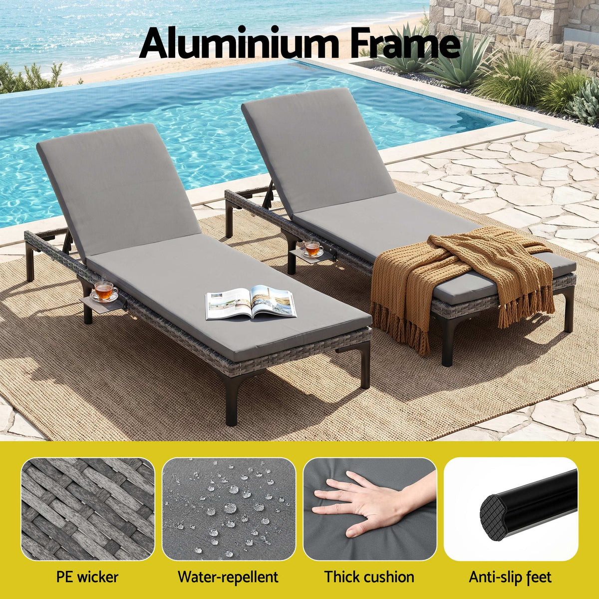 2PC PE Rattan Sun Lounger Set with Cushions, Cup Holders & Rain Cover - Grey