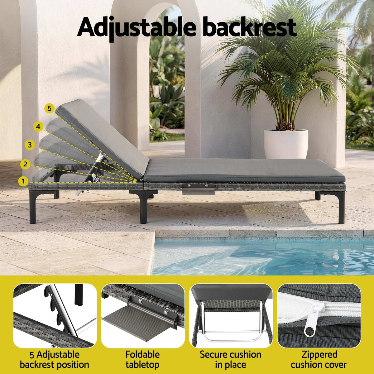 2PC PE Rattan Sun Lounger Set with Cushions, Cup Holders & Rain Cover - Grey