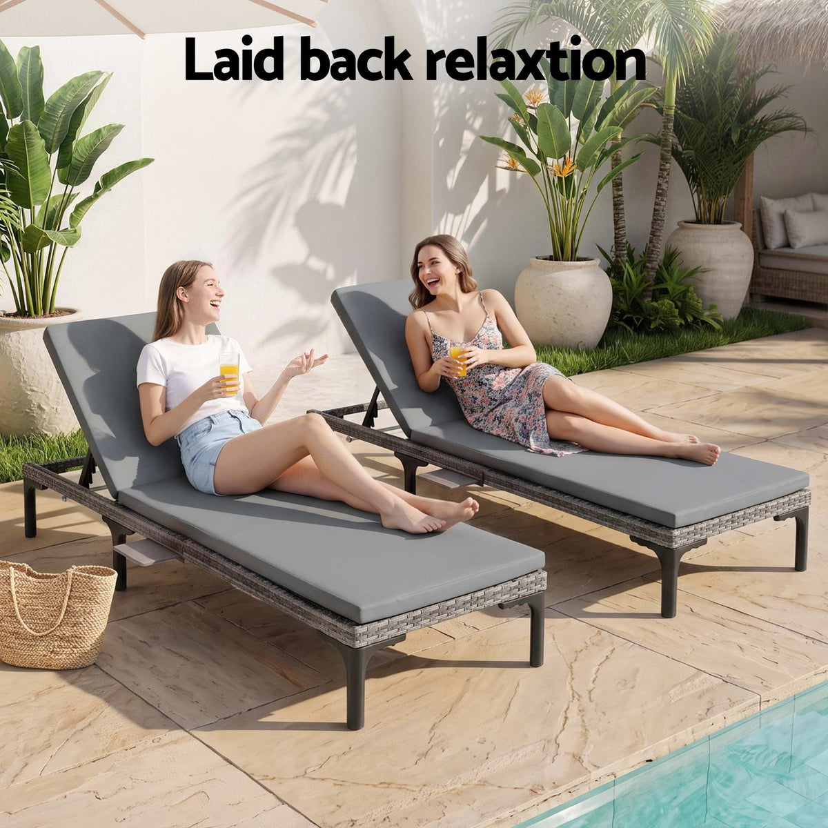 2PC PE Rattan Sun Lounger Set with Cushions, Cup Holders & Rain Cover - Grey