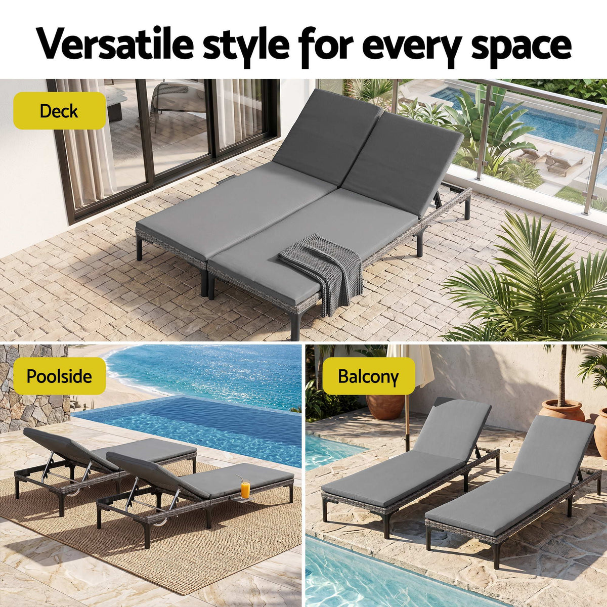 2PC PE Rattan Sun Lounger Set with Cushions, Cup Holders & Rain Cover - Grey