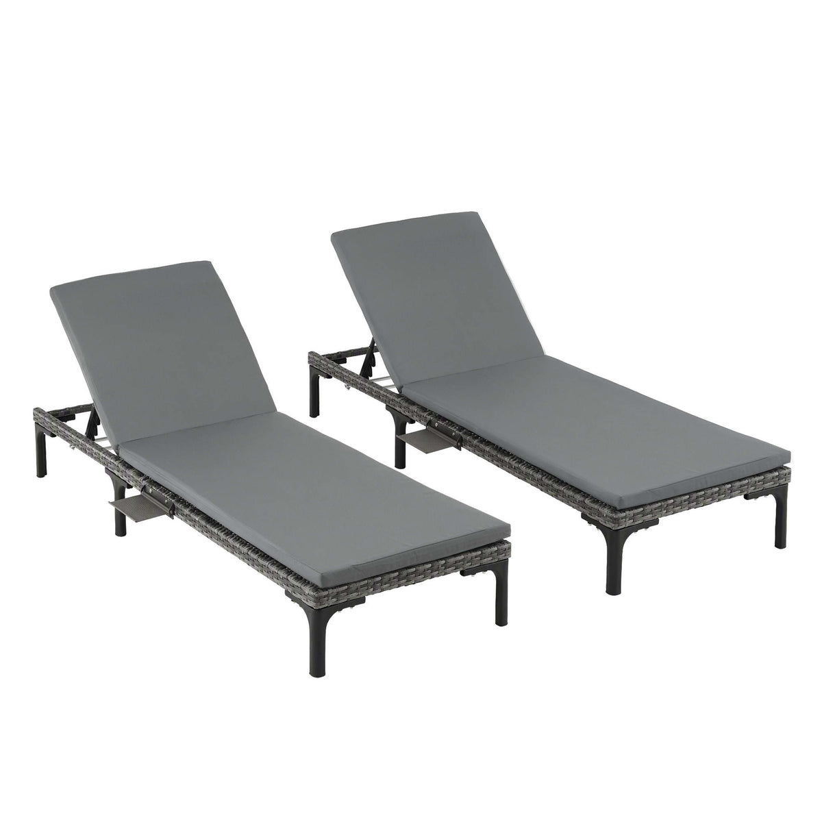 2PC PE Rattan Sun Lounger Set with Cushions, Cup Holders & Rain Cover - Grey