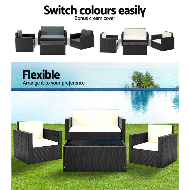 4 Piece Outdoor Wicker Furniture Set (Black)