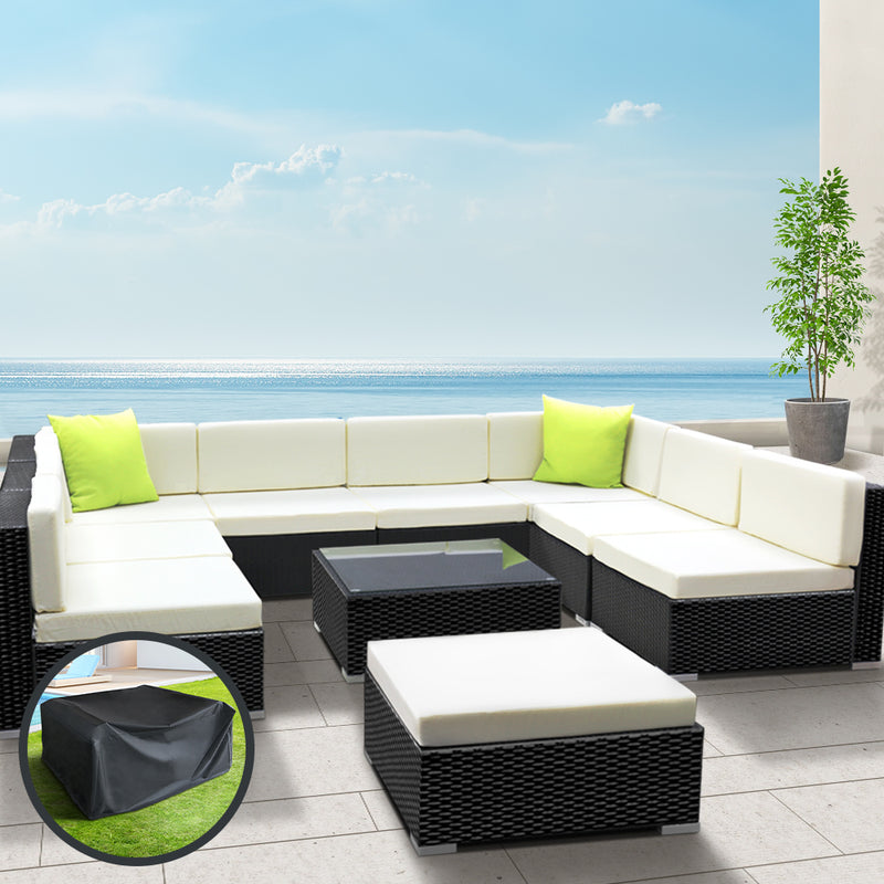 10 Piece Wicker Outdoor Lounge with Storage Cover - Beige