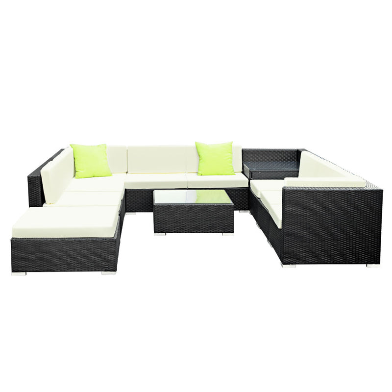 11 Piece Wicker Outdoor Lounge with Storage Cover - Beige