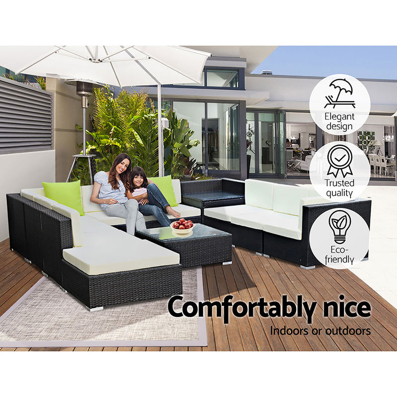 11 Piece Wicker Outdoor Lounge with Storage Cover - Beige