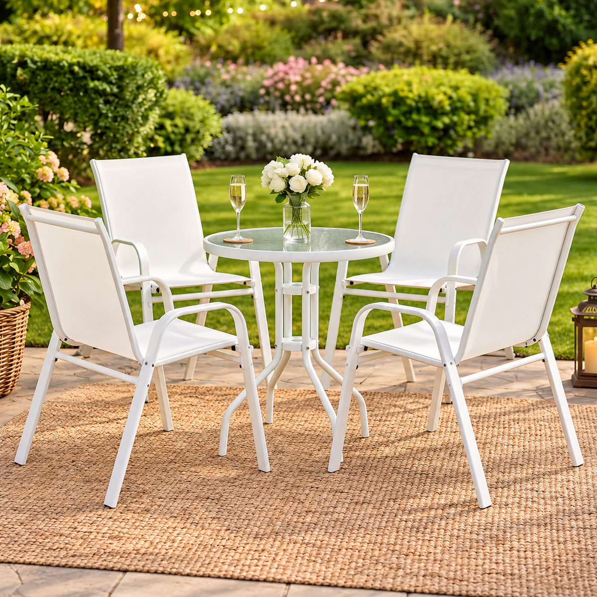 5PC Stackable Outdoor Bistro Table and Chairs Set with Tempered Glass Tabletop - White