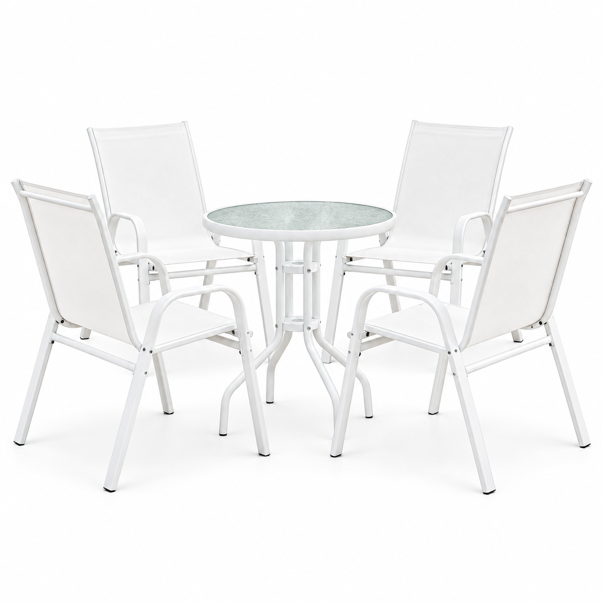 5PC Stackable Outdoor Bistro Table and Chairs Set with Tempered Glass Tabletop - White