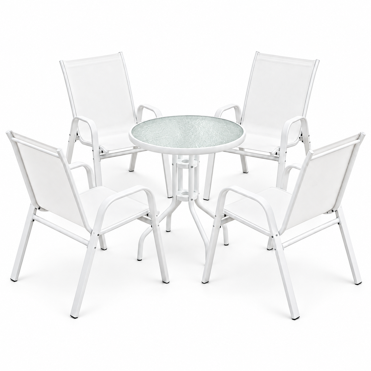 5PC Stackable Outdoor Bistro Table and Chairs Set with Tempered Glass Tabletop - White