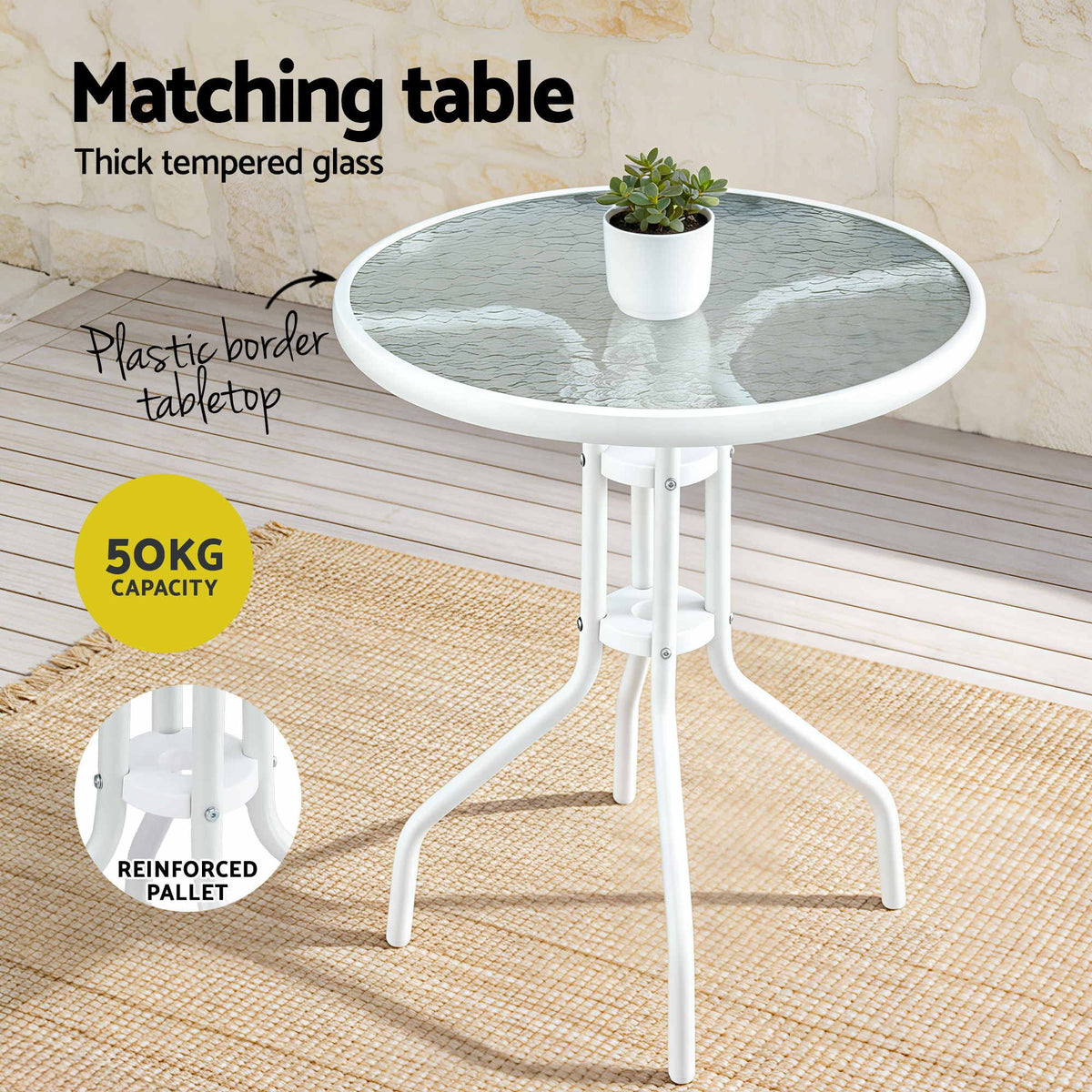 5PC Stackable Outdoor Bistro Table and Chairs Set with Tempered Glass Tabletop - White