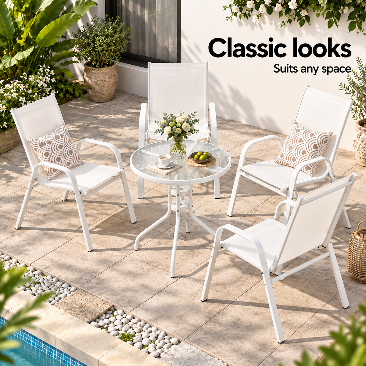 5PC Stackable Outdoor Bistro Table and Chairs Set with Tempered Glass Tabletop - White