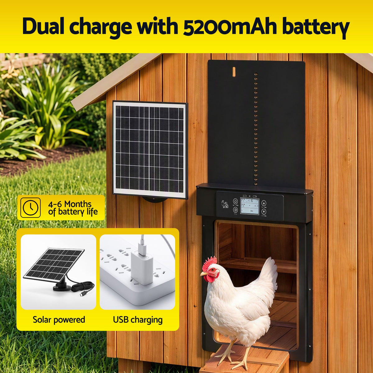 Automatic Solar Powered Chicken Coop Door 37cm with Smart App Control - Black