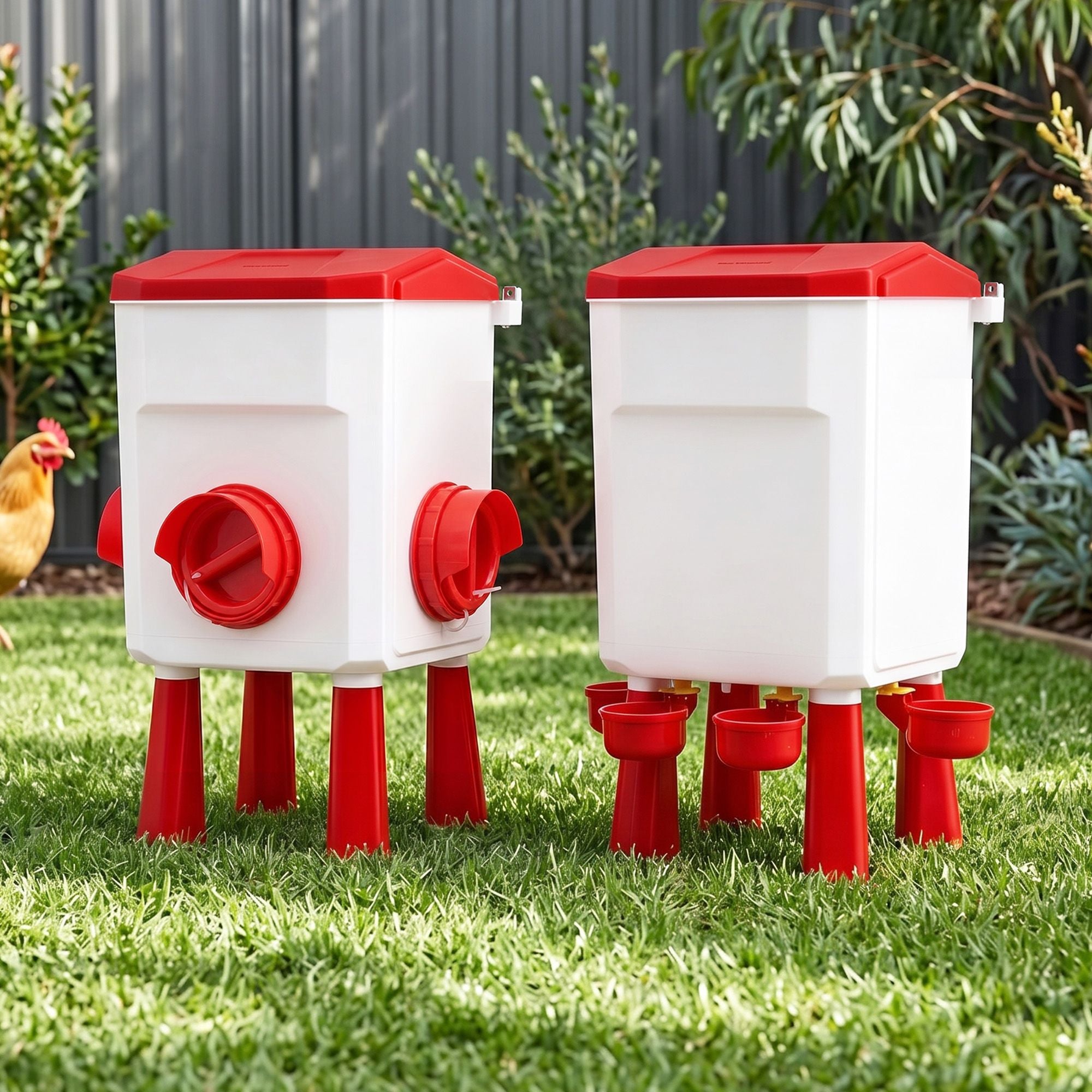 12kg Chicken Feeder and 11L Poultry Waterer Set Large Capacity - White and Red