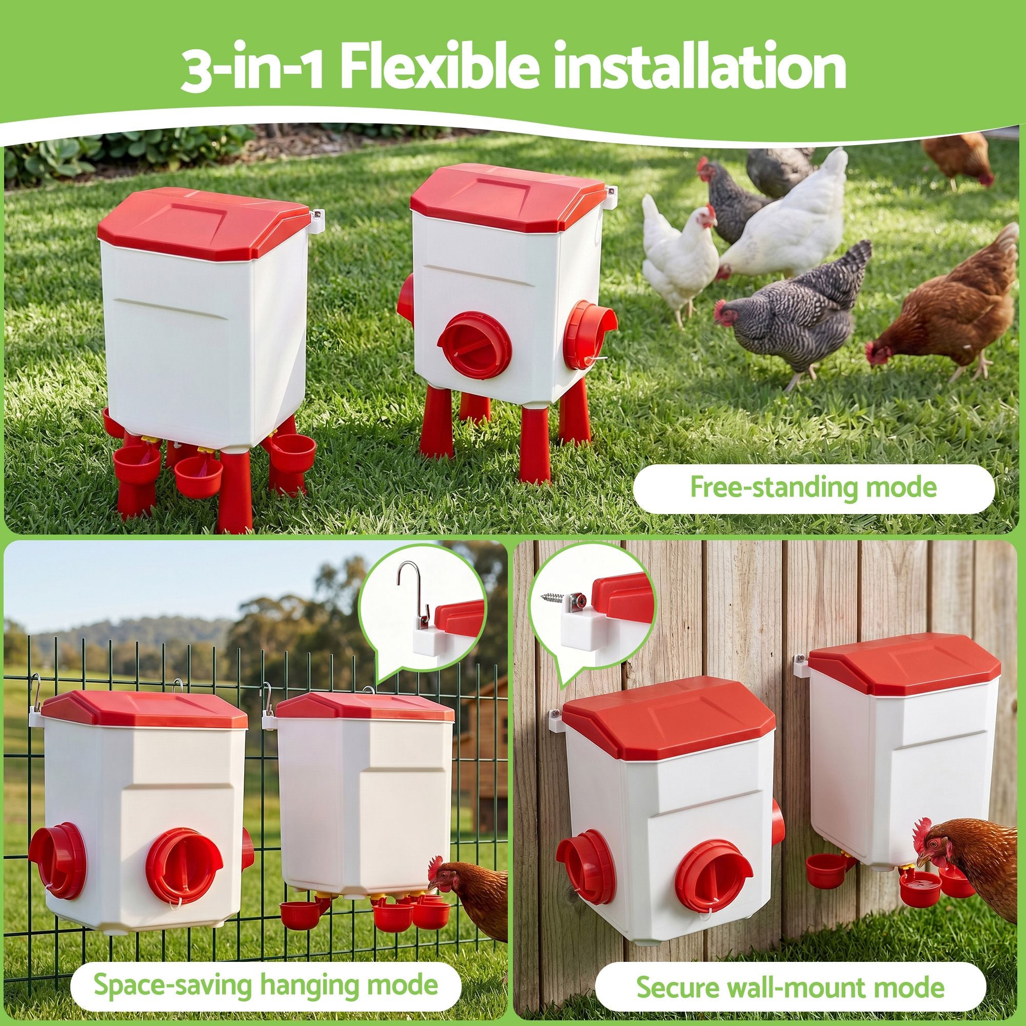 12kg Chicken Feeder and 11L Poultry Waterer Set Large Capacity - White and Red