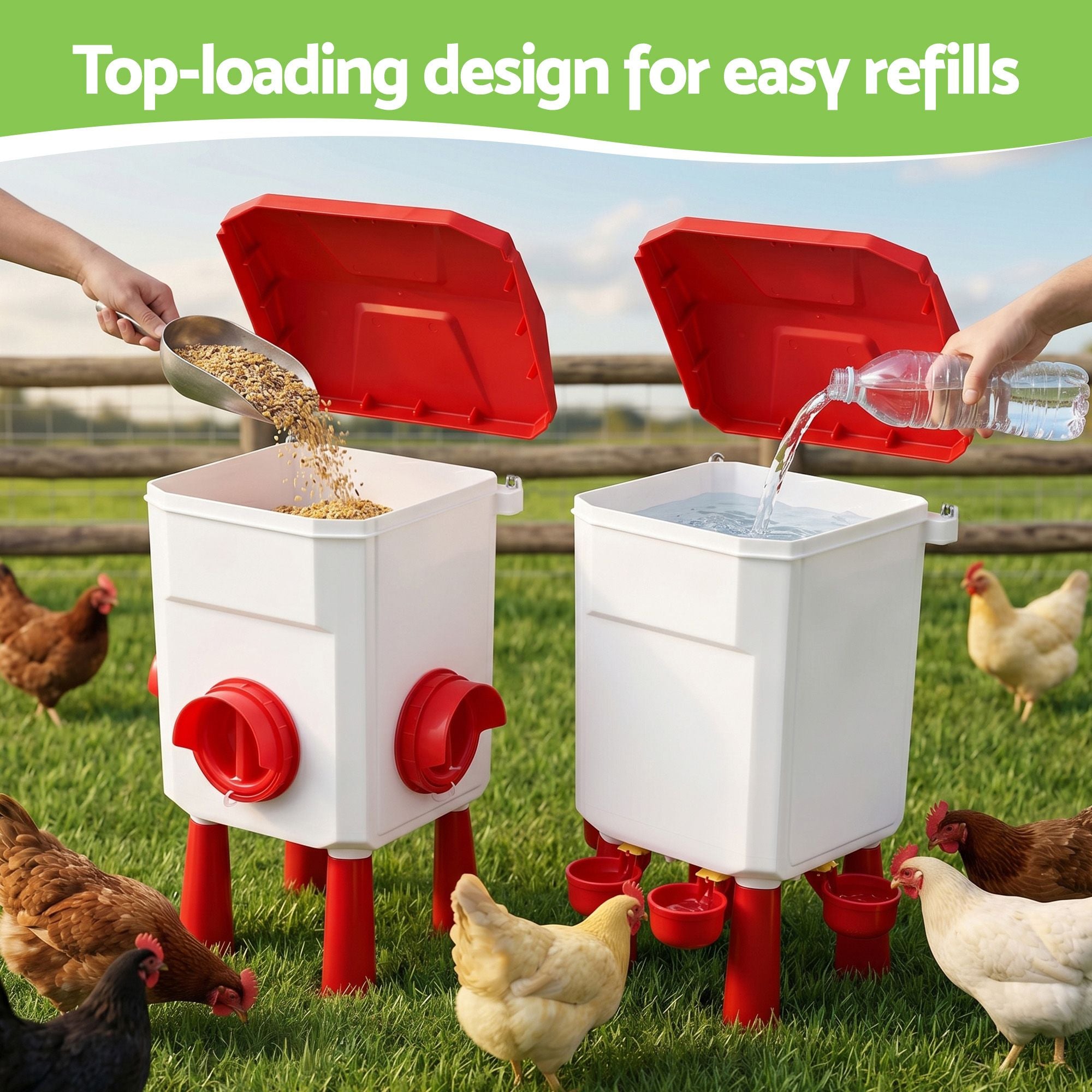12kg Chicken Feeder and 11L Poultry Waterer Set Large Capacity - White and Red