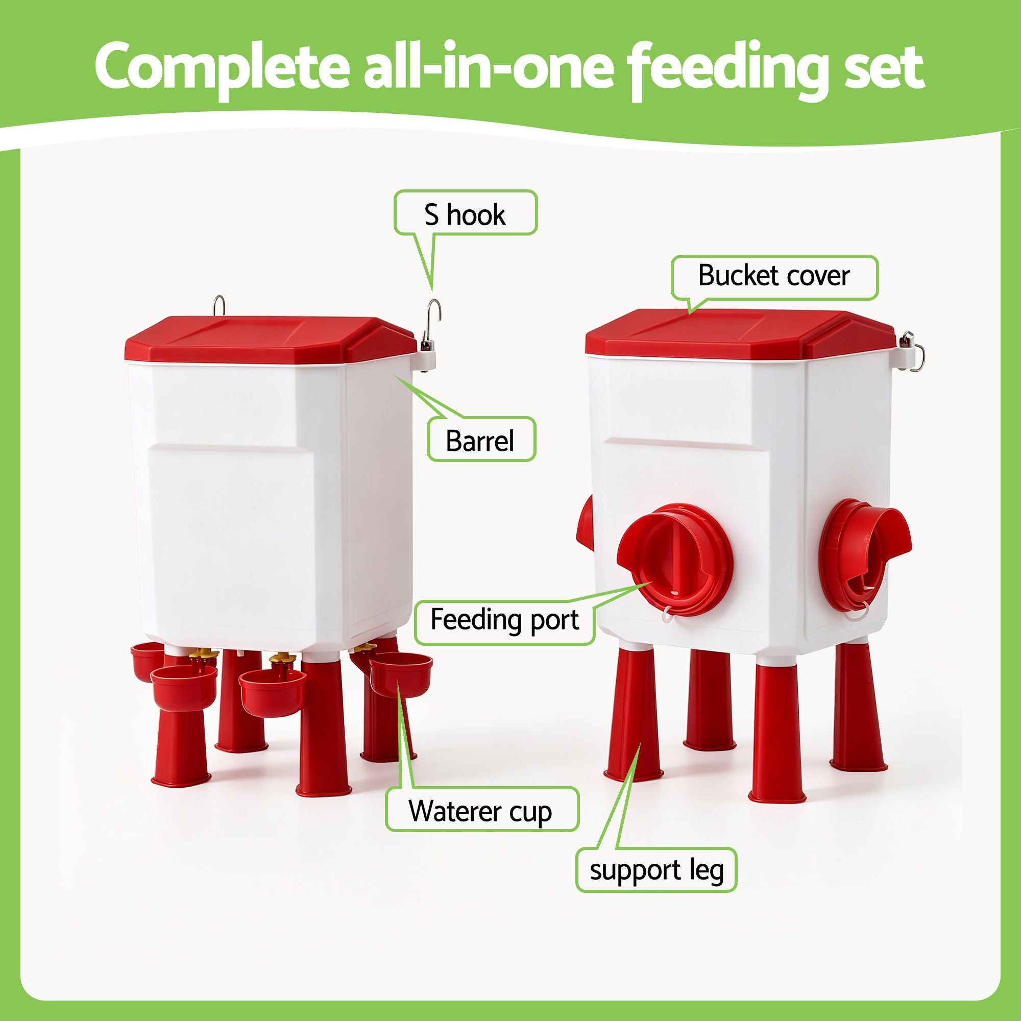 12kg Chicken Feeder and 11L Poultry Waterer Set Large Capacity - White and Red