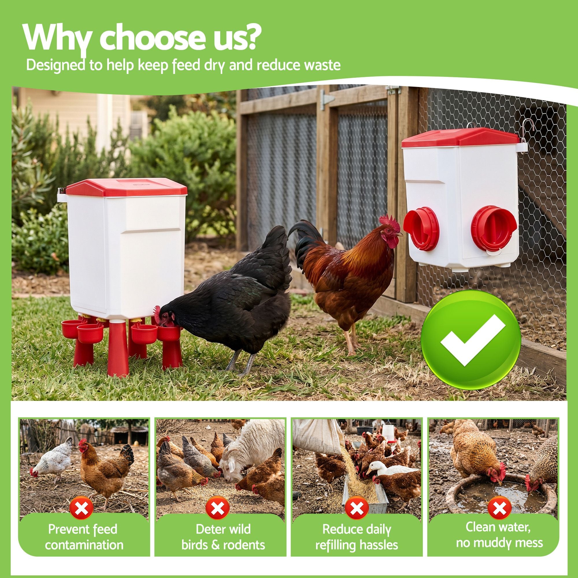 8kg Chicken Feeder and 7L Poultry Waterer Set - White and Red