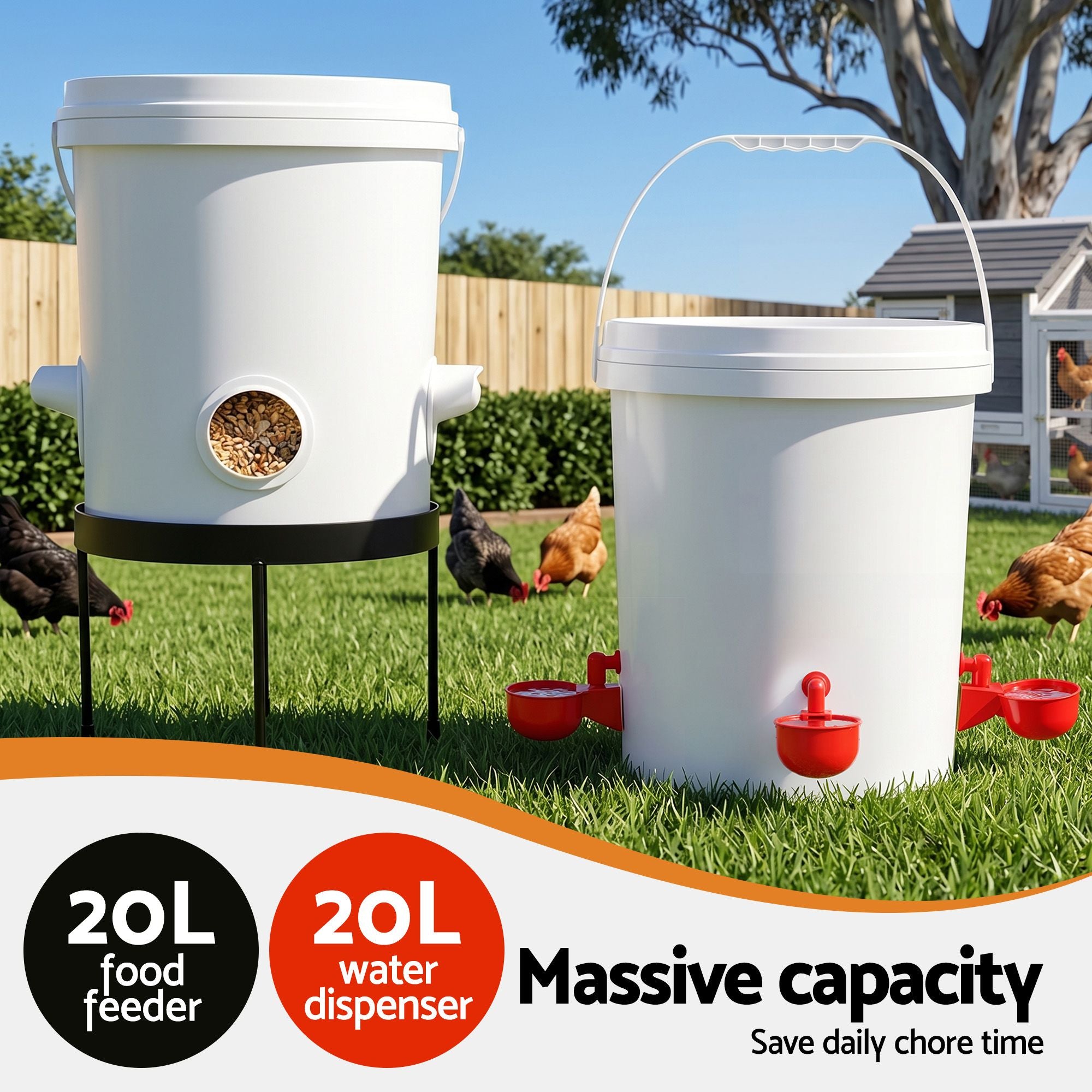 20L x2 Automatic Chicken Feeder and Waterer Set with Metal Stand - White and Red