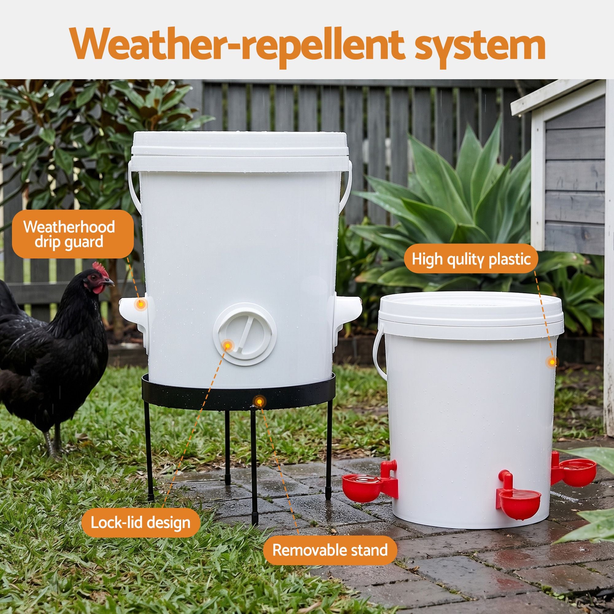 20L x2 Automatic Chicken Feeder and Waterer Set with Metal Stand - White and Red